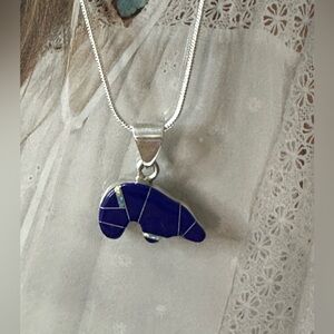 Double Sided Silver Blue Lapiz & Opal Inlay Gemstone Pendant
